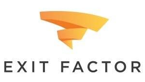 Logo of Exit Factor with an abstract orange and yellow geometric design above the text.